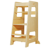 Wood City kitchen step stool with safety rail provides secure counter access for toddlers.