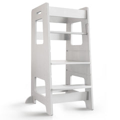 Wood City kitchen step stool with safety rail keeps kids secure at the counter.