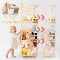 WOOD CITY tall wooden tower for plush toys maximizing vertical space.
