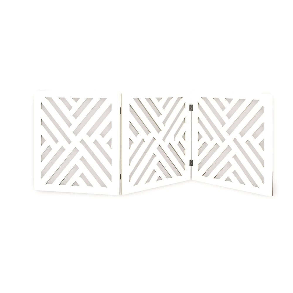 Wood Curves pet gate 3-panel lattice for indoor containment and stylish space control
