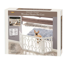 Wood Heart pet gate shown indoors or outdoors, foldable 3-section design for flexible containment.
