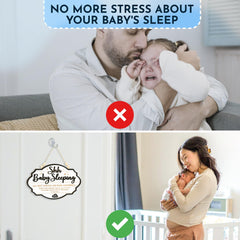 Woodamore Shhh Baby Sleeping Sign illustrating no knocking message for a peaceful home.
