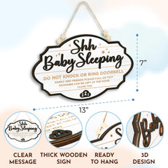 Woodamore Shhh Baby Sleeping Sign close-up shows self-adhesive pads for flexible placement.