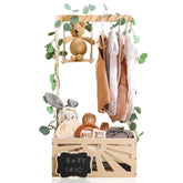 WOODEN TEETHER 8in1 crate closet shown as an elegant baby shower gift with versatile storage.