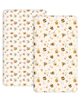 Woodiville Bee Happy crib sheet closeup shows soft breathable jersey knit.