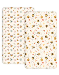 Woodiville Bee Happy crib sheet closeup shows soft breathable jersey knit.