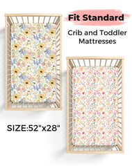 Woodiville crib sheets show 28x52 fit with secure edges.