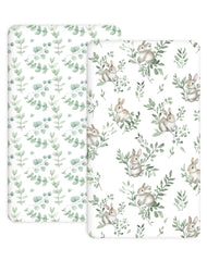 Woodiville crib sheets with Bunny Meadow pattern closeup for a cozy nursery ambiance