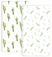 Woodiville Desert Green crib sheets 2-pack on standard mattress, easy-care and comfortable