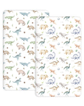 Woodiville Dino Pals crib sheet pack closeup shows soft fabric and secure fit.