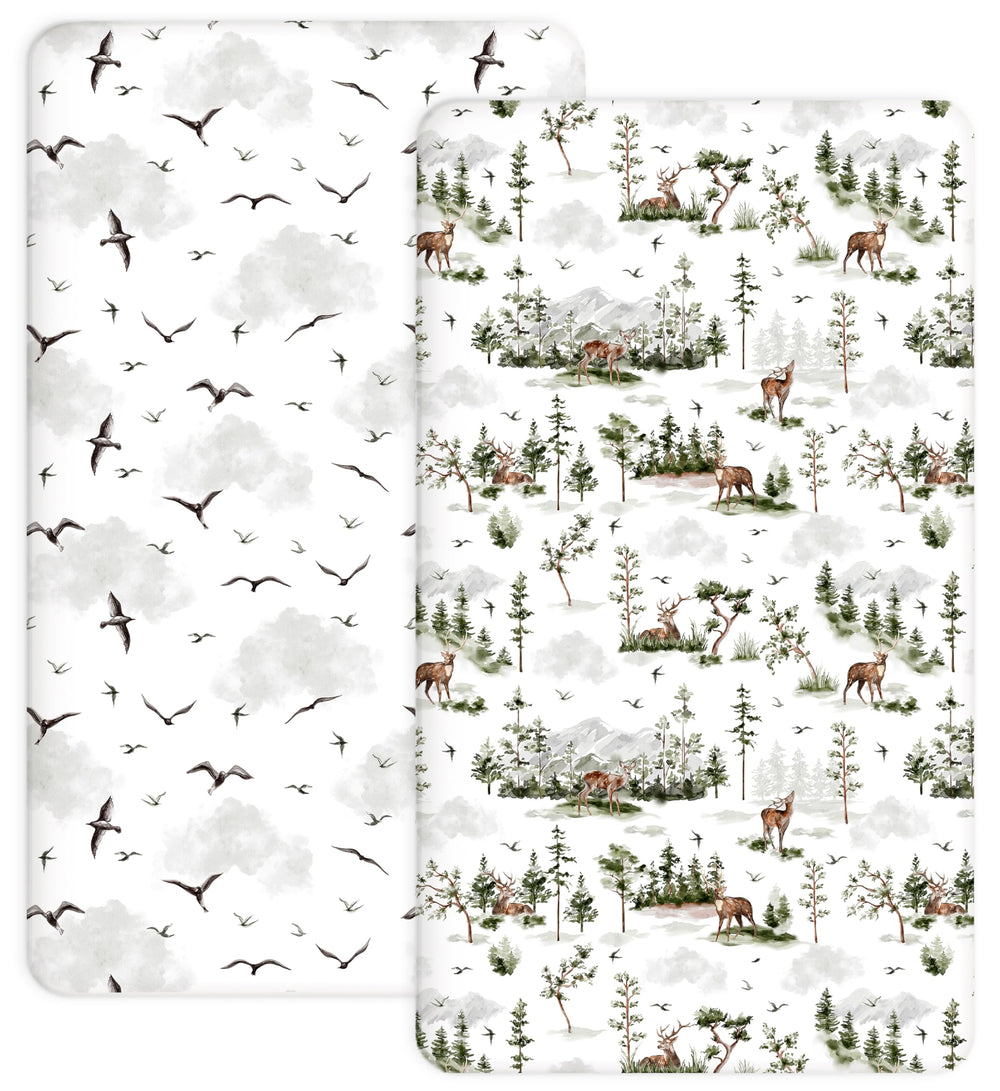 Woodiville Nature Escape crib sheet fabric texture shows breathable jersey knit.