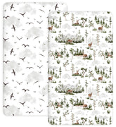 Woodiville Nature Escape crib sheet fabric texture shows breathable jersey knit.