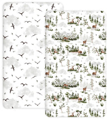 Woodiville Nature Escape crib sheet fabric texture shows breathable jersey knit.