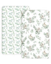 Woodiville Bunny Meadow pack n play sheet close-up, gentle and breathable fabric.