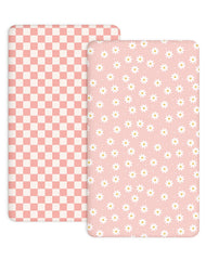 Woodiville Daisy Check fabric closeup shows silky soft jersey for baby comfort.