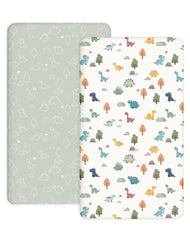 Woodiville Sage Dino pack n play sheets with playful pattern for soft, breathable naps.