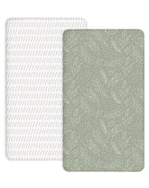 Woodiville Pack N Play sheets on a mattress showing Sage Trail pattern; snug fit and breathable comfort.