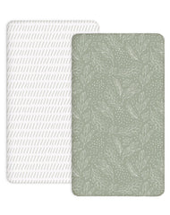 Woodiville Pack N Play sheets on a mattress showing Sage Trail pattern; snug fit and breathable comfort.