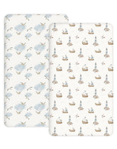 Woodiville Sailing Waves crib sheet 2-pack offers snug fit for baby's sleep surface.