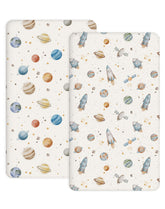 Woodiville Stellar Adventure pack n play sheet closeup showing soft knit fabric for gentle touch.