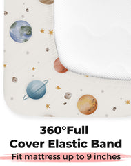 Woodiville Stellar Adventure patterned crib sheet hides minor stains after washing