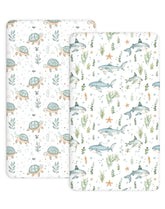 Woodiville turtle-shark crib sheets for safe, snug 28x52 fit.