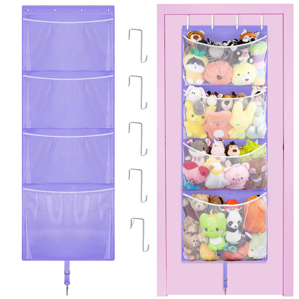 Woodoulogy hanging stuffed animal storage on a door, easy access for kids.