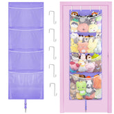 Woodoulogy hanging stuffed animal storage on a door, easy access for kids.