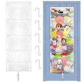 Woodoulogy hanging stuffed animal storage on a door keeps toys visible and easy to grab