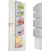 Woodoulogy over door organizer front view with clear pouches for visibility.