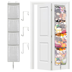 Woodoulogy stuffed animal storage over door with mesh bag for quick toy visibility.