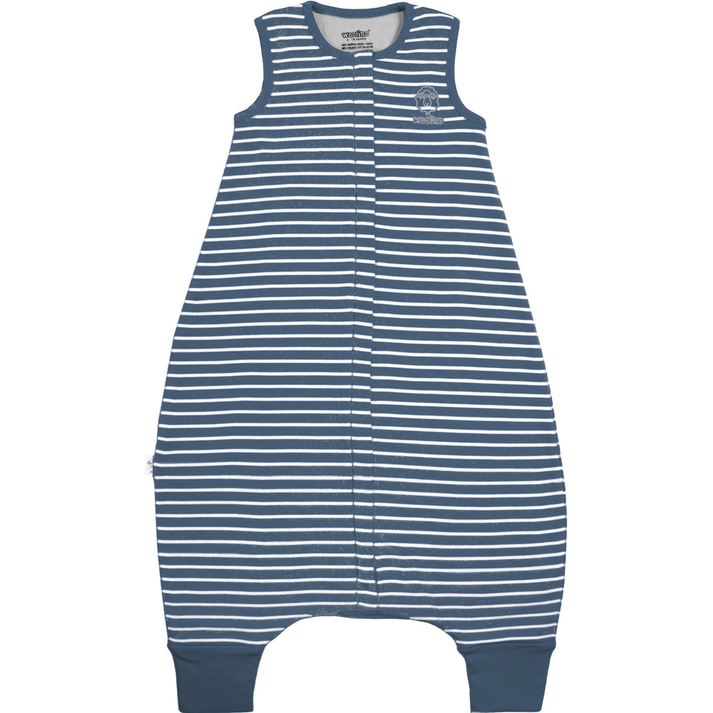 Woolino baby sleep bag with feet holes in navy for mobility.