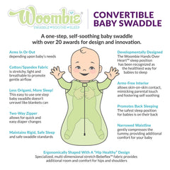 Woombie hip-healthy swaddle design supports comfortable hip alignment.