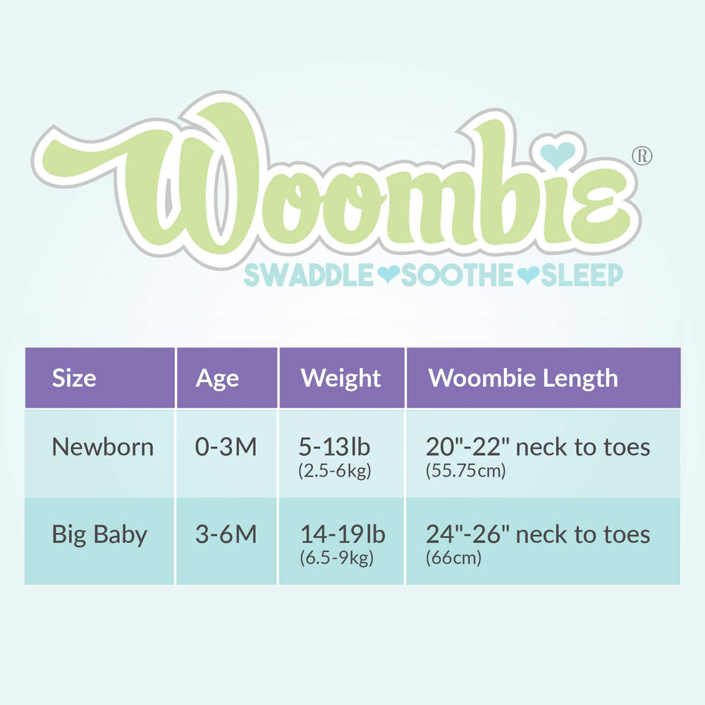 Newborn size Woombie Swaddle fits 5–13 pounds securely.
