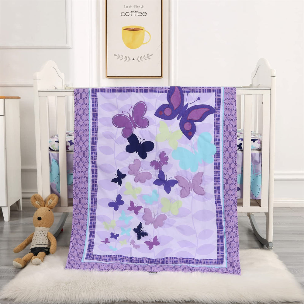 Wowelife butterfly comforter in purple for baby girl's nursery.