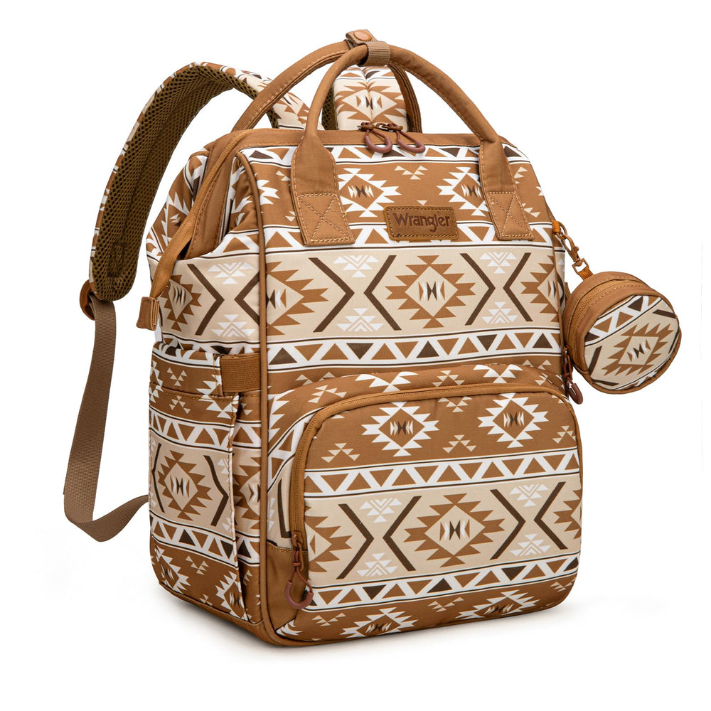 Wrangler Aztec Backpack with changing pad enables on-the-go diaper changes.
