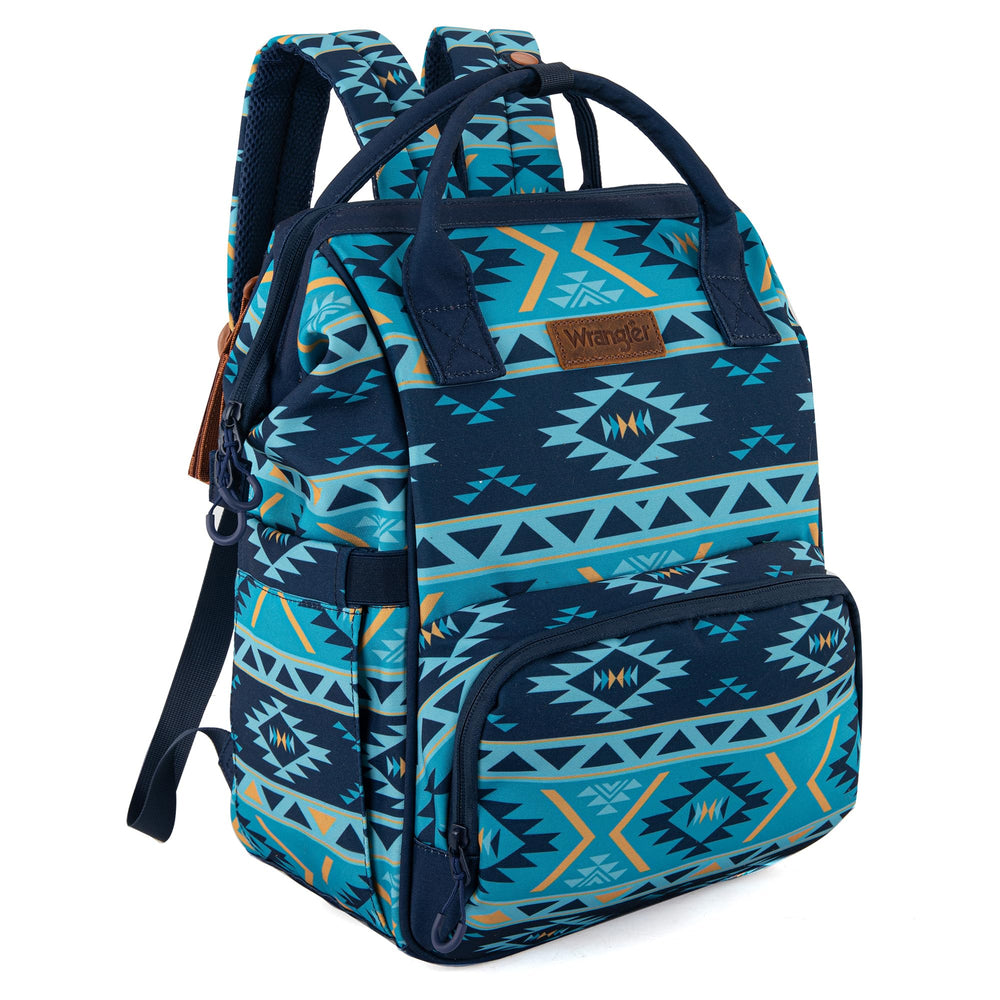 Wrangler Aztec Backpack front view shows organized pockets for quick access.