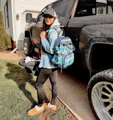 Wrangler Aztec Backpack with stroller strap enables hands-free outings.
