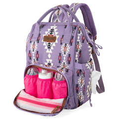Wrangler Aztec Backpack with stroller strap enables hands-free travel.