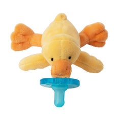 WubbaNub yellow duck plush attached to pacifier for portable comfort.
