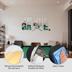 Wumuzai Eat Sleep Game silver decal enhances modern gamer wall art