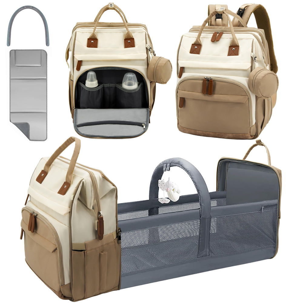 Wurzfolk diaper bag backpack in khaki brown showing spacious main compartment and tote-ready design