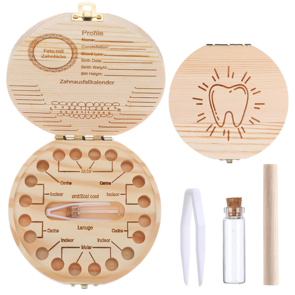 WY LIGHTING LEVEL baby tooth box front view highlighting durable natural wood keepsake storage.