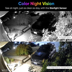 Wyze Cam v3 color night vision with Starlight Sensor for vivid detail in low light.
