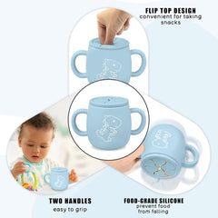 XccMe Dino Sippy Cup features a soft silicone spout gentle on tender gums during meals.