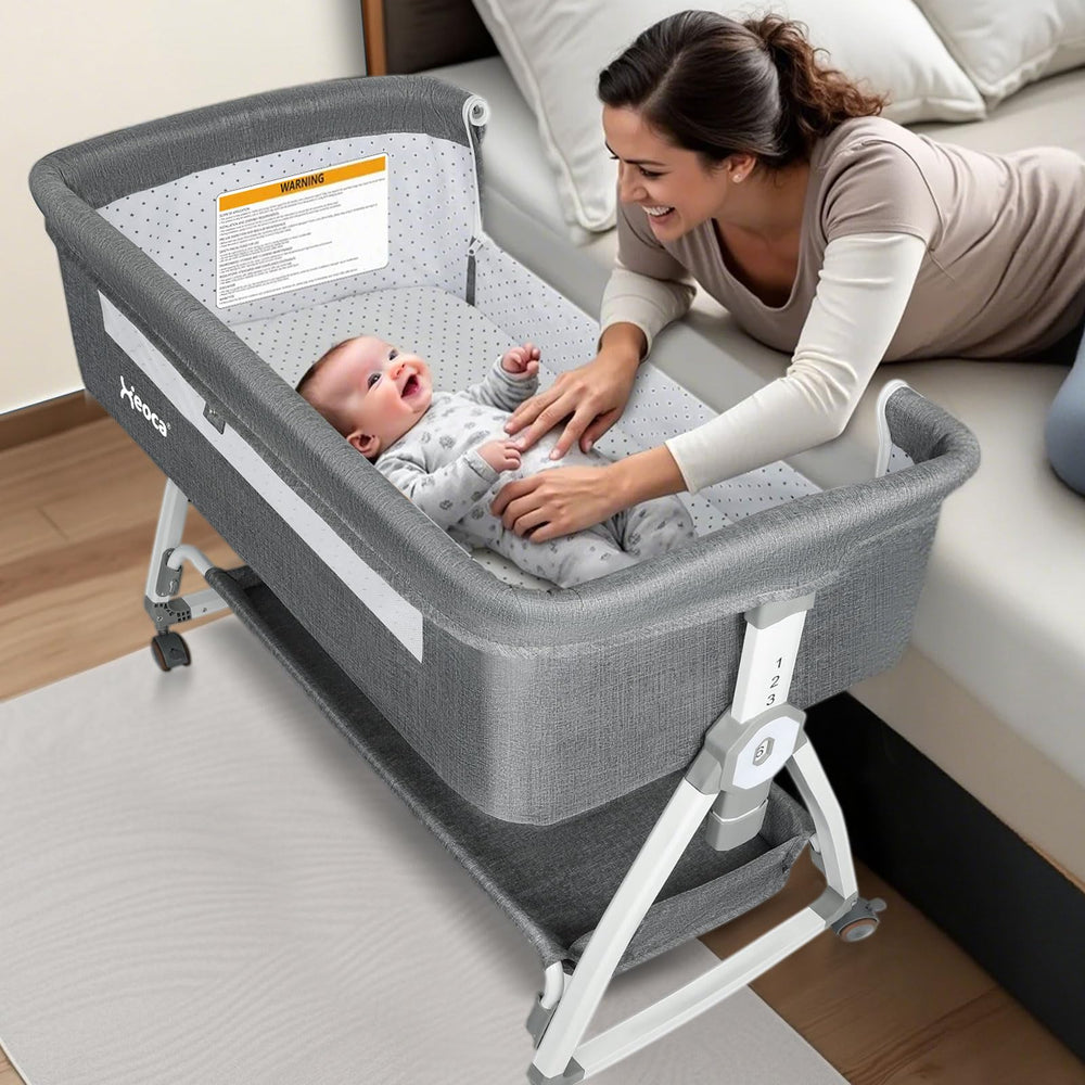 Xeoca Baby Bassinet bedside sleeper top view with breathable mesh for easy nighttime checks.
