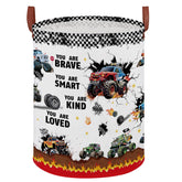 XHWZOF Monster Trucks Fire laundry hamper with sturdy handle for easy transport.