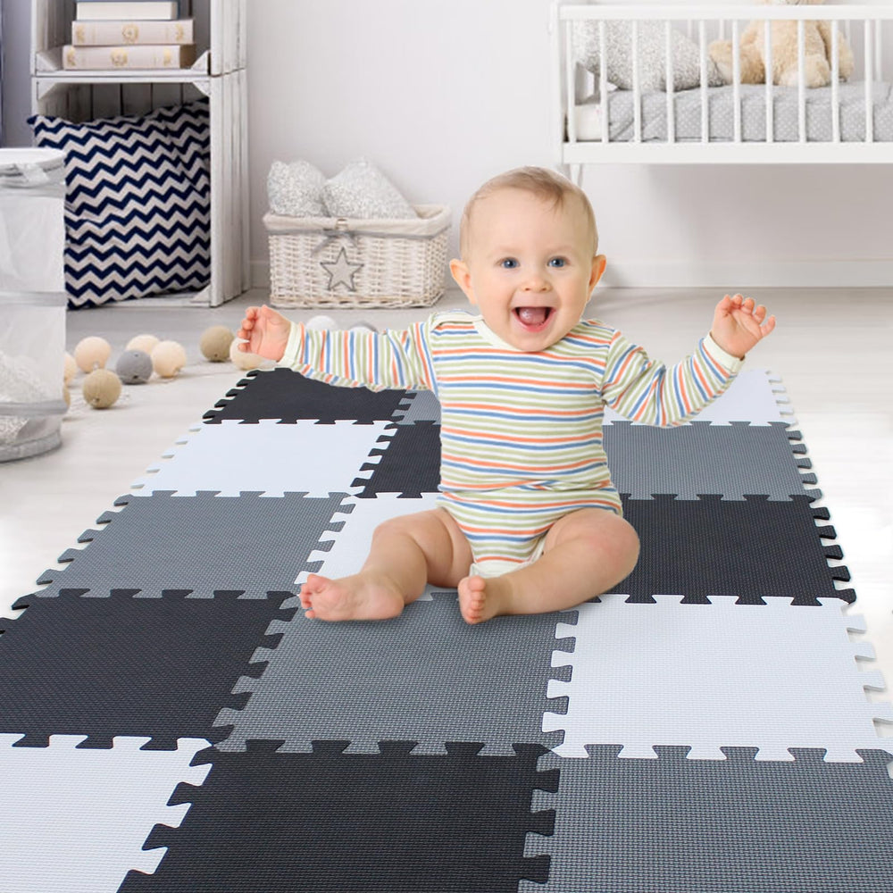 XMTMMD soft foam baby play mat with interlocking tiles for quick setup and cushioning.