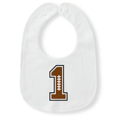 Xoleutpee Football First Birthday Bib closeup shows cotton inner and waterproof protection.