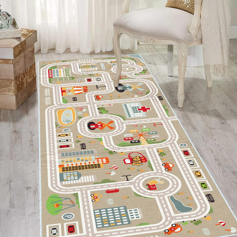 XRYZHC kids car train rug grey with non-slip backing for safe playtime.